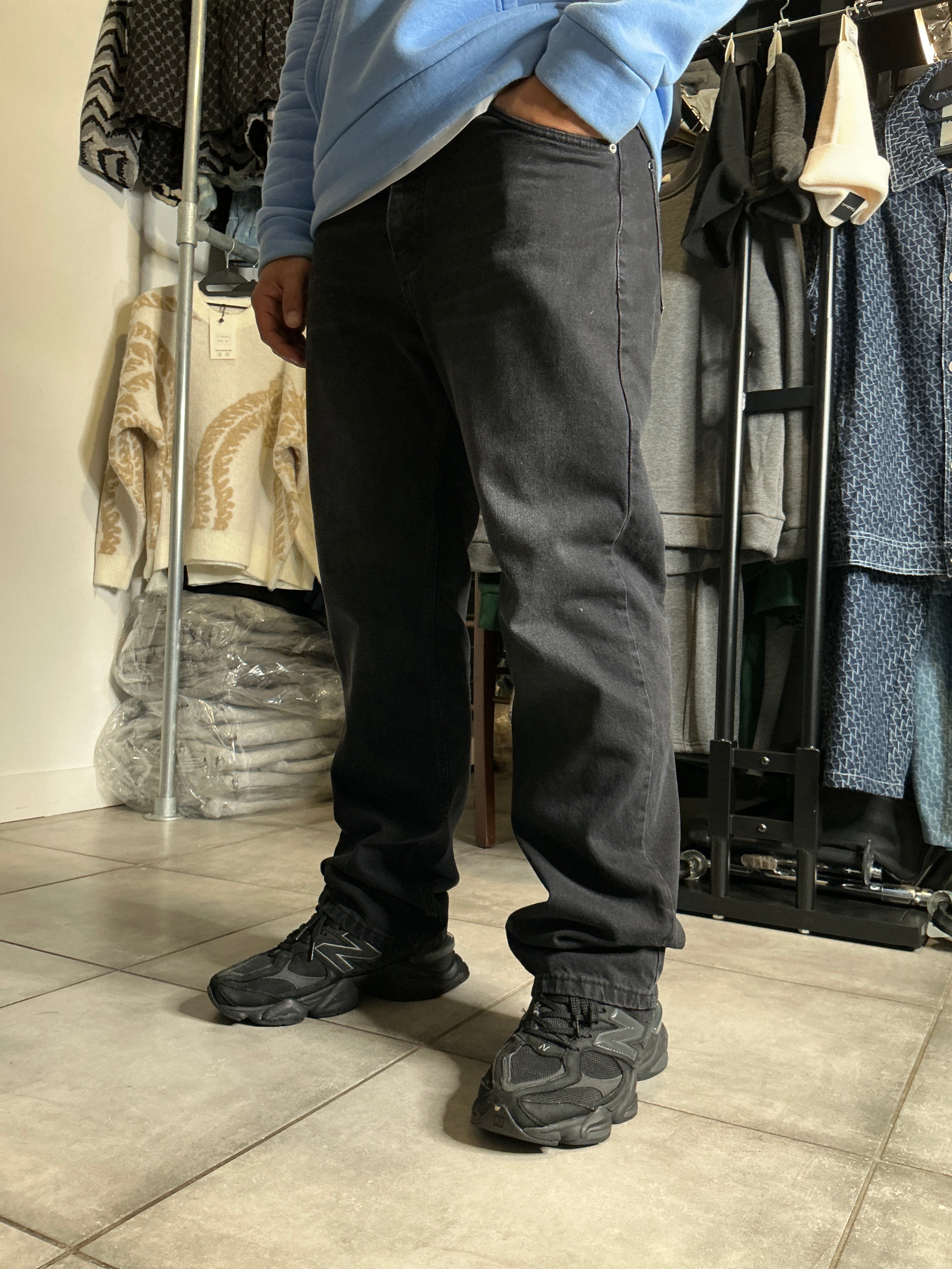 Pantalon jean coupe droite long noir/marron simple large