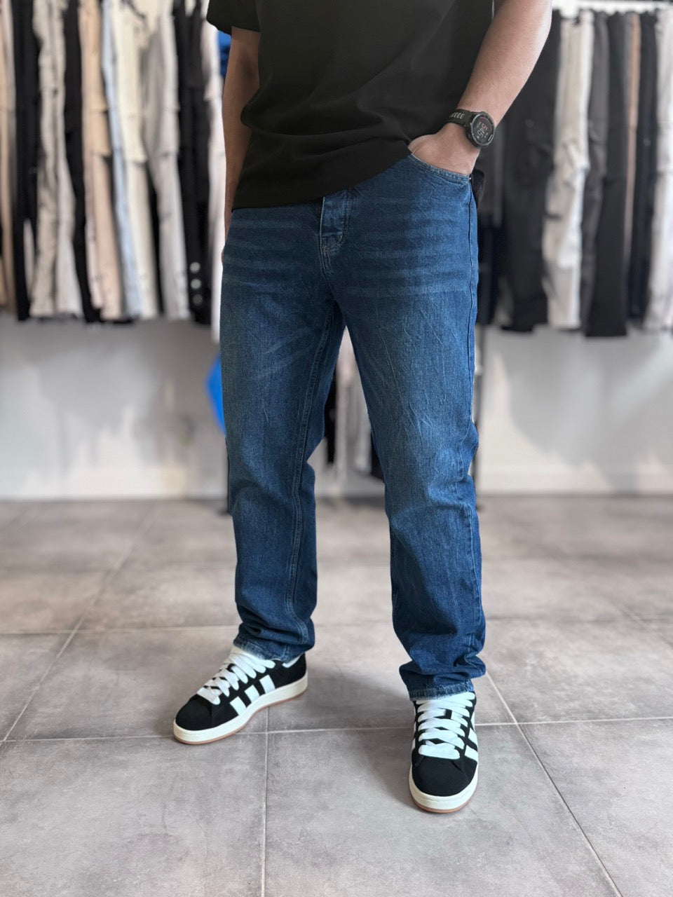 Mens Jeans Jean Coupe Homme Pantalon Jean Coupe Droite Large Bleu