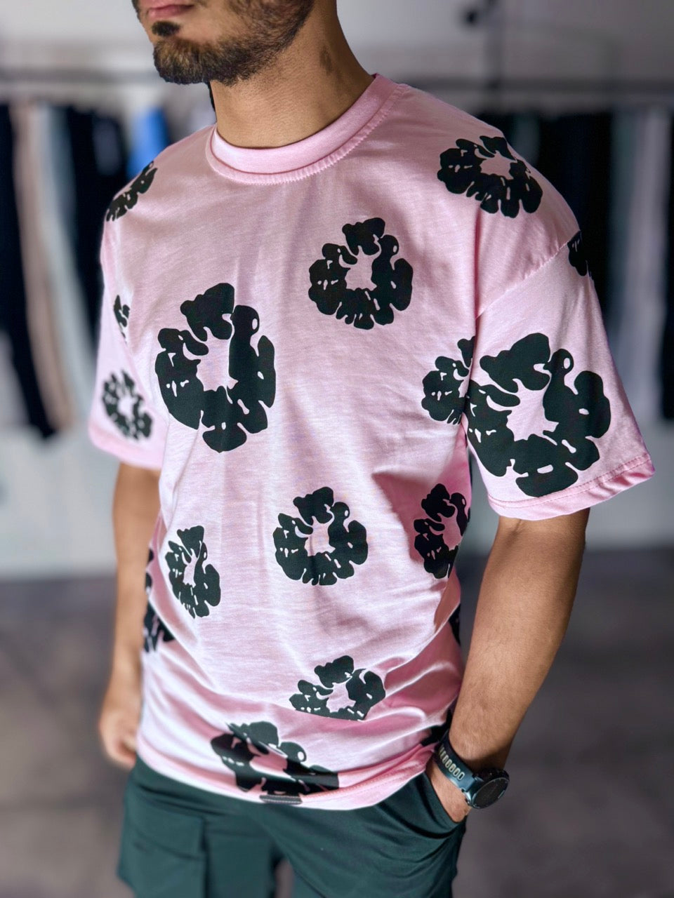 T shirt rose imprime fleurs