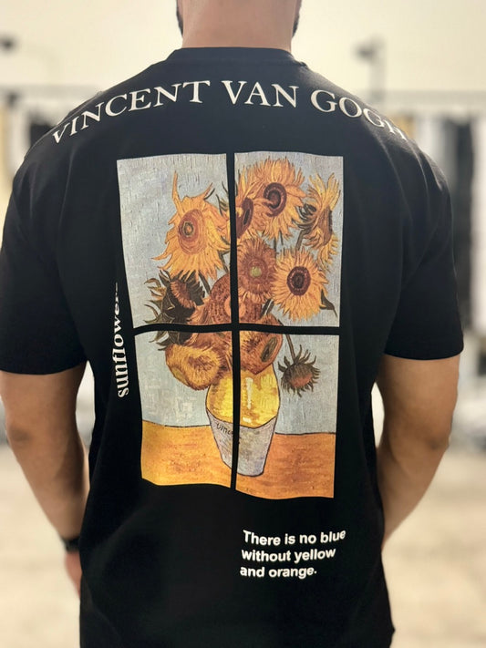 T-shirt noir imprimé vase fleurs Van Gogh