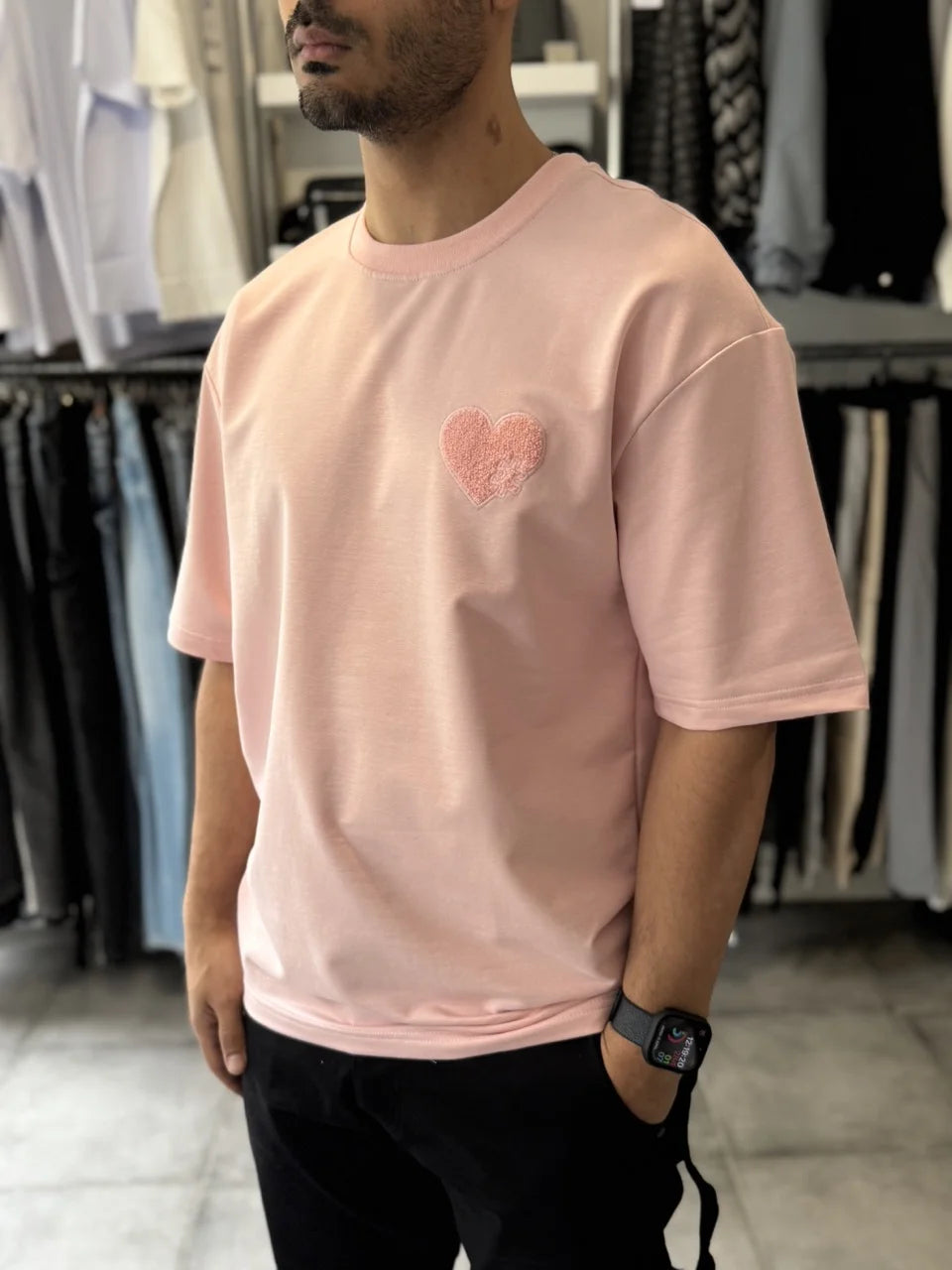 T-shirt rose coeur brodé puzzle