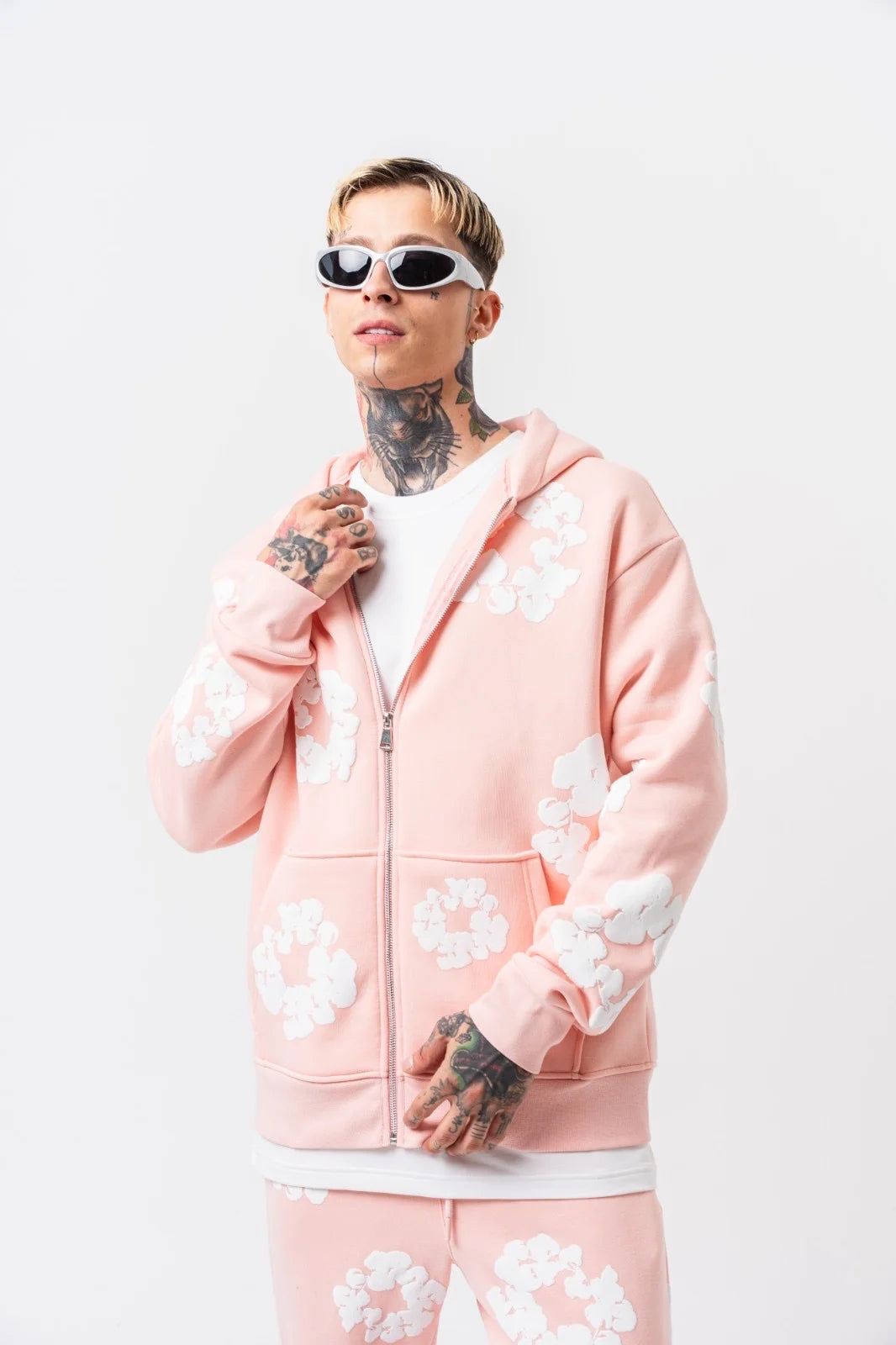 Ensemble jogging à FLEURS veste à capuche et pantalon Gris / Rose | Lyon