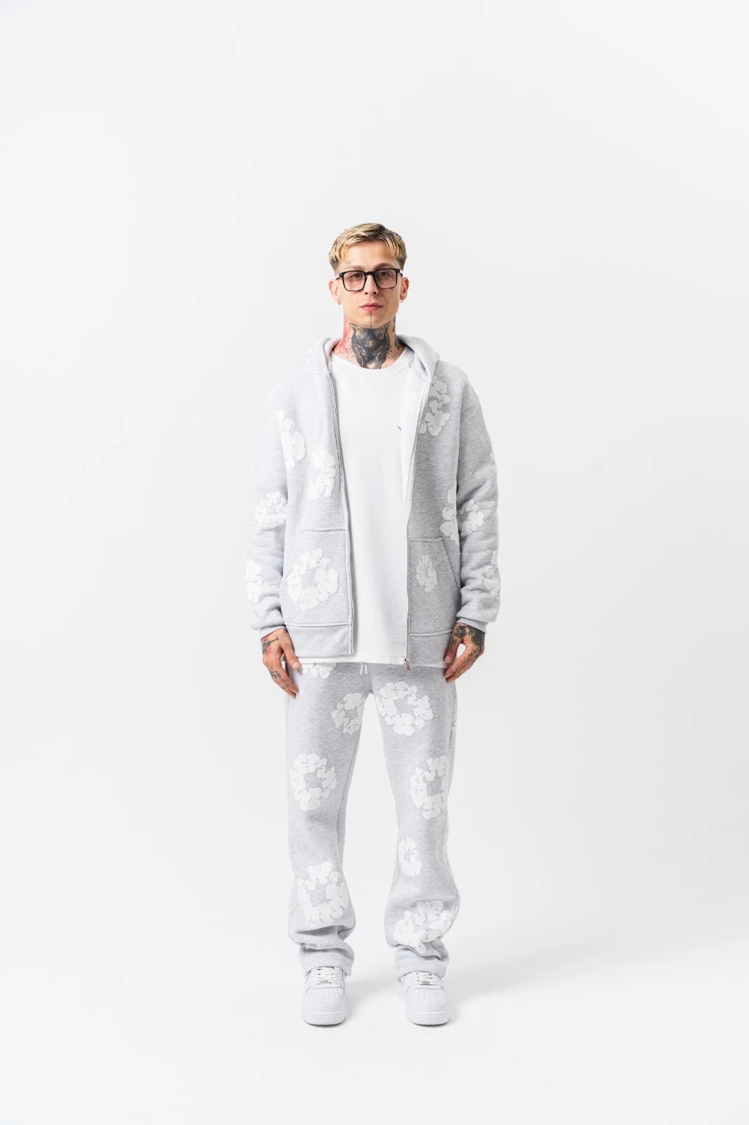 Ensemble jogging à FLEURS veste à capuche et pantalon Gris / Blanc | Lyon