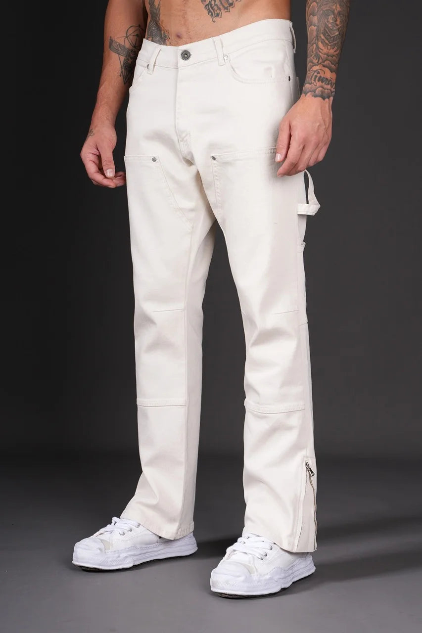 Pantalon Jean double knee évasé (Flare) fermeture éclaire beige | Lyon
