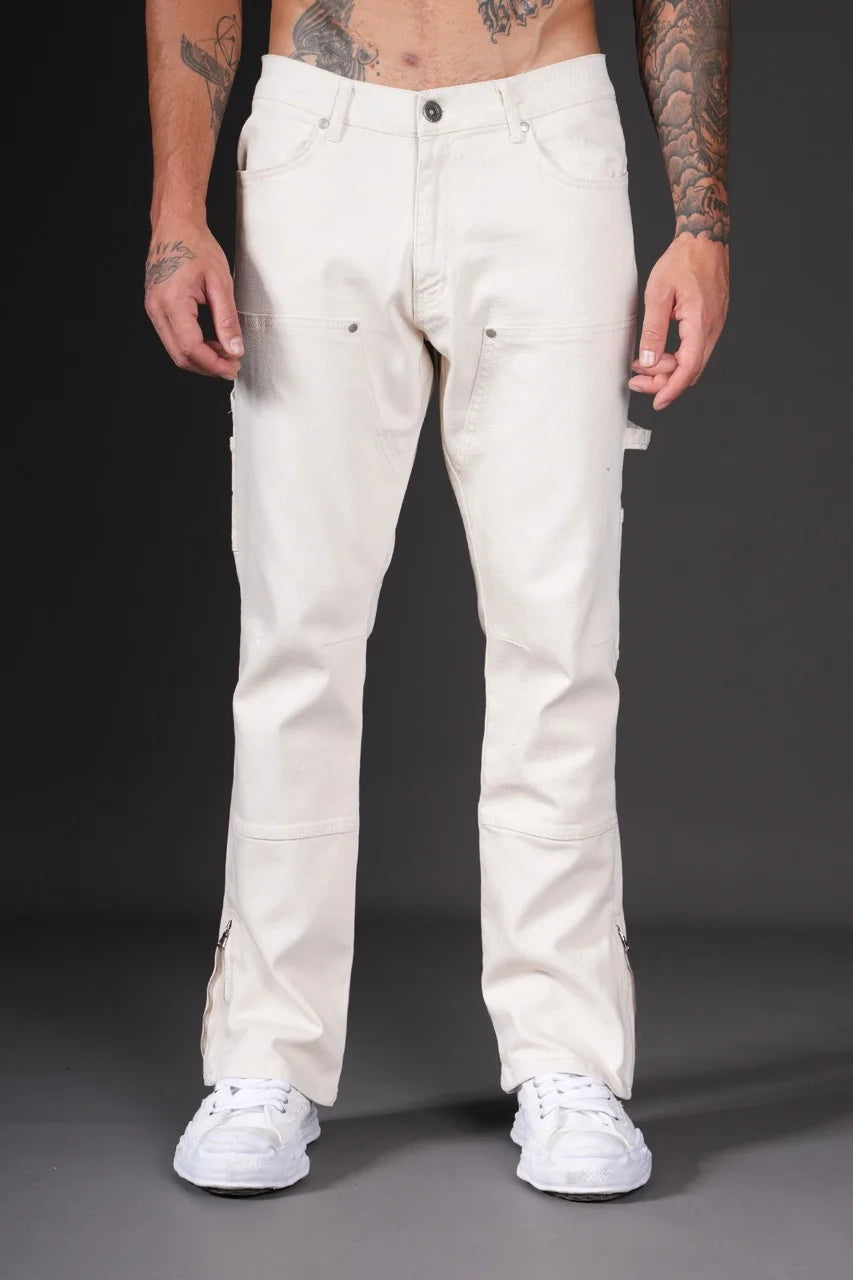 Pantalon Jean double knee évasé (Flare) fermeture éclaire beige | Lyon