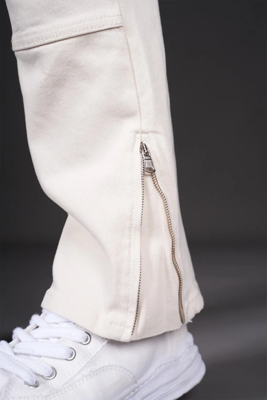 Pantalon Jean double knee évasé (Flare) fermeture éclaire beige | Lyon