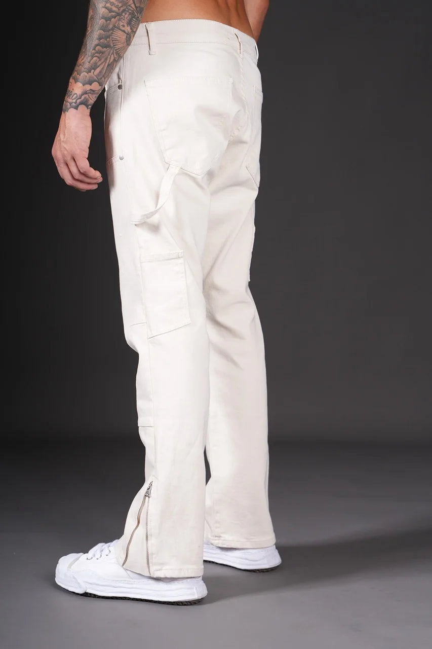 Pantalon Jean double knee évasé (Flare) fermeture éclaire beige | Lyon