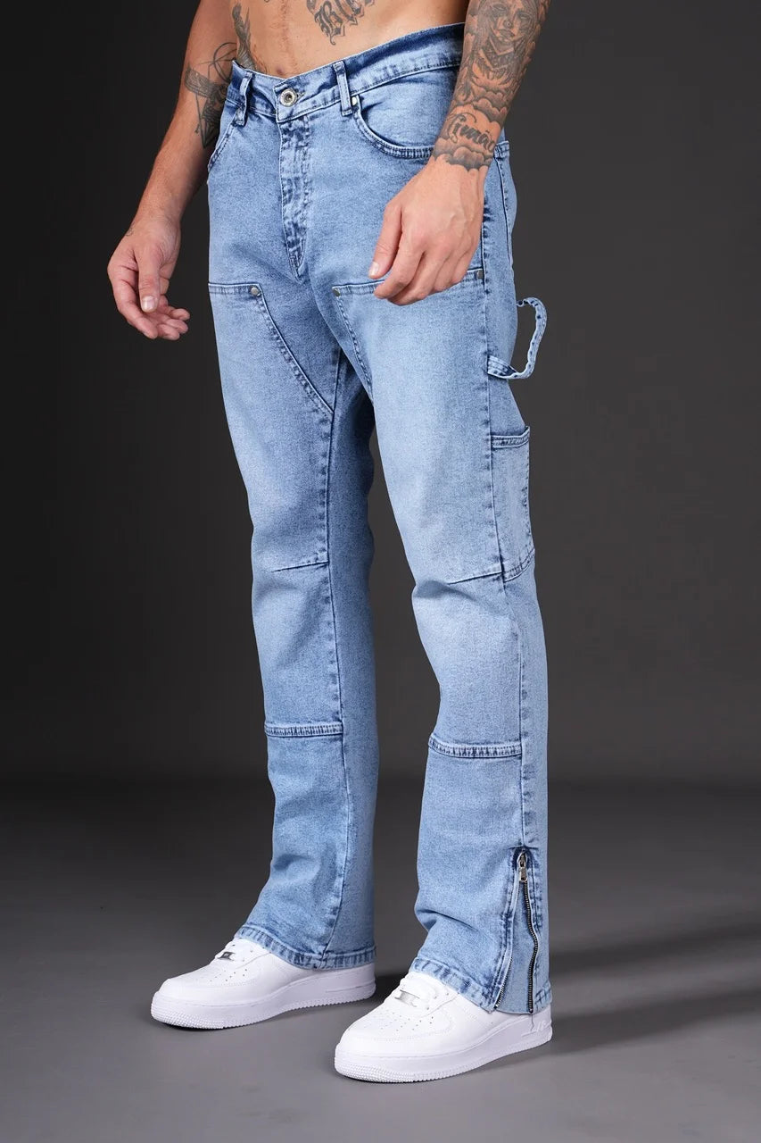 Pantalon Jean double knee évasé (Flare) fermeture éclaire bleu | Lyon