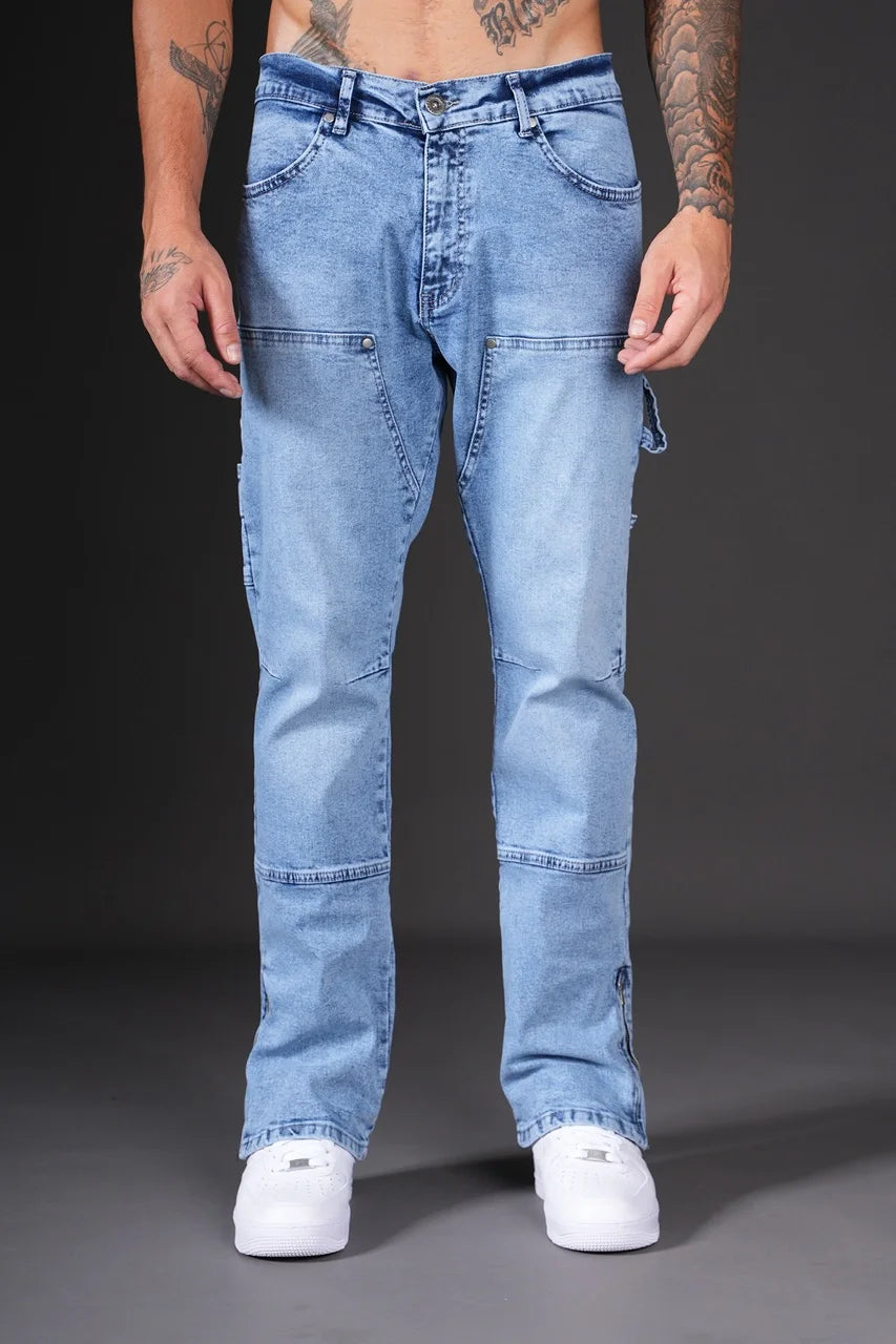 Pantalon Jean double knee évasé (Flare) fermeture éclaire bleu | Lyon