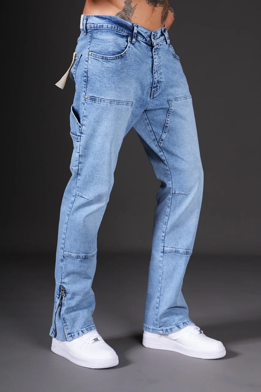 Pantalon Jean double knee évasé (Flare) fermeture éclaire bleu | Lyon