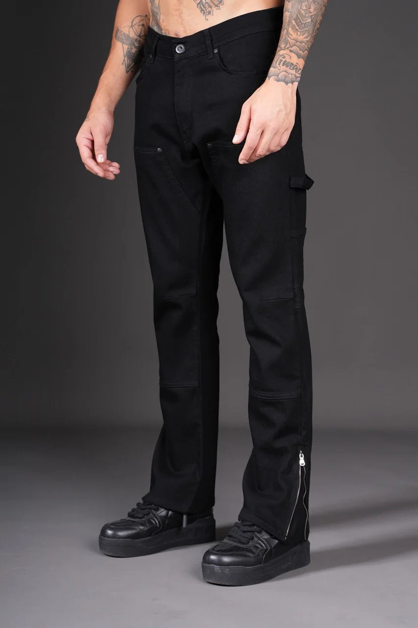 Pantalon Jean double knee évasé (Flare) fermeture éclaire noir | Lyon
