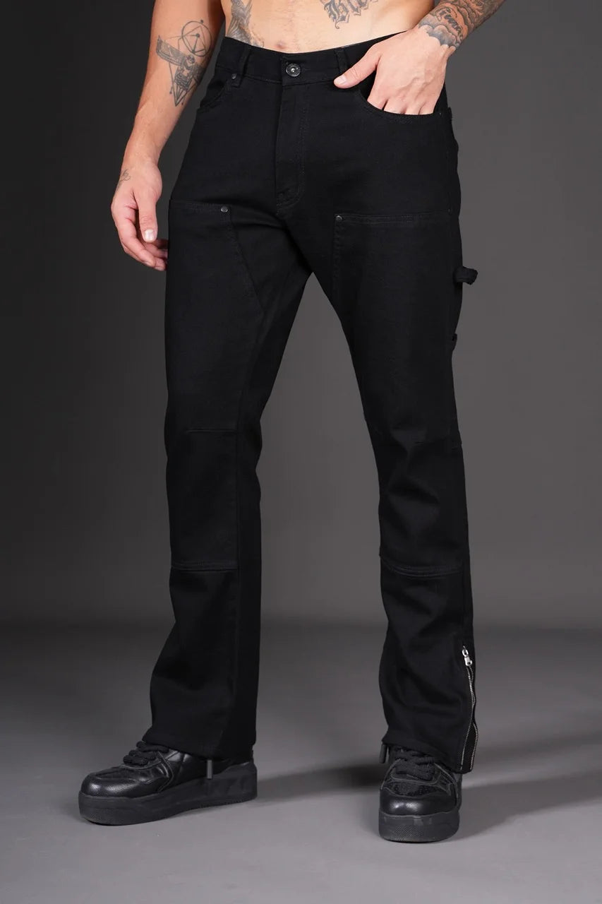 Pantalon Jean double knee évasé (Flare) fermeture éclaire noir | Lyon