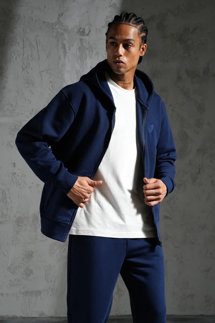 Ensemble veste capuche coeur brodé et pantalon coupe droite Bleu marine | Lyon