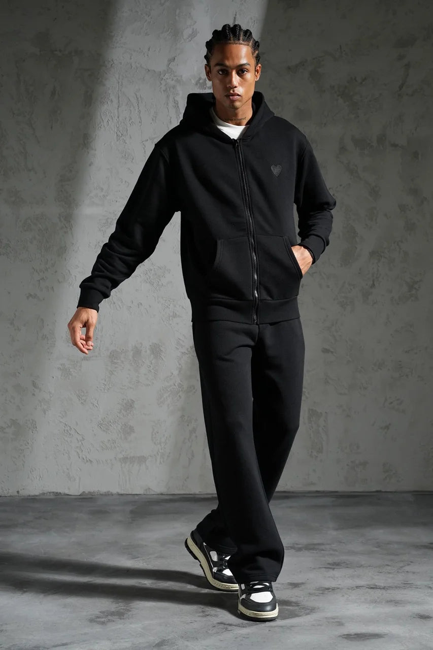 Ensemble veste capuche coeur brodé et pantalon coupe droite Noir | Lyon