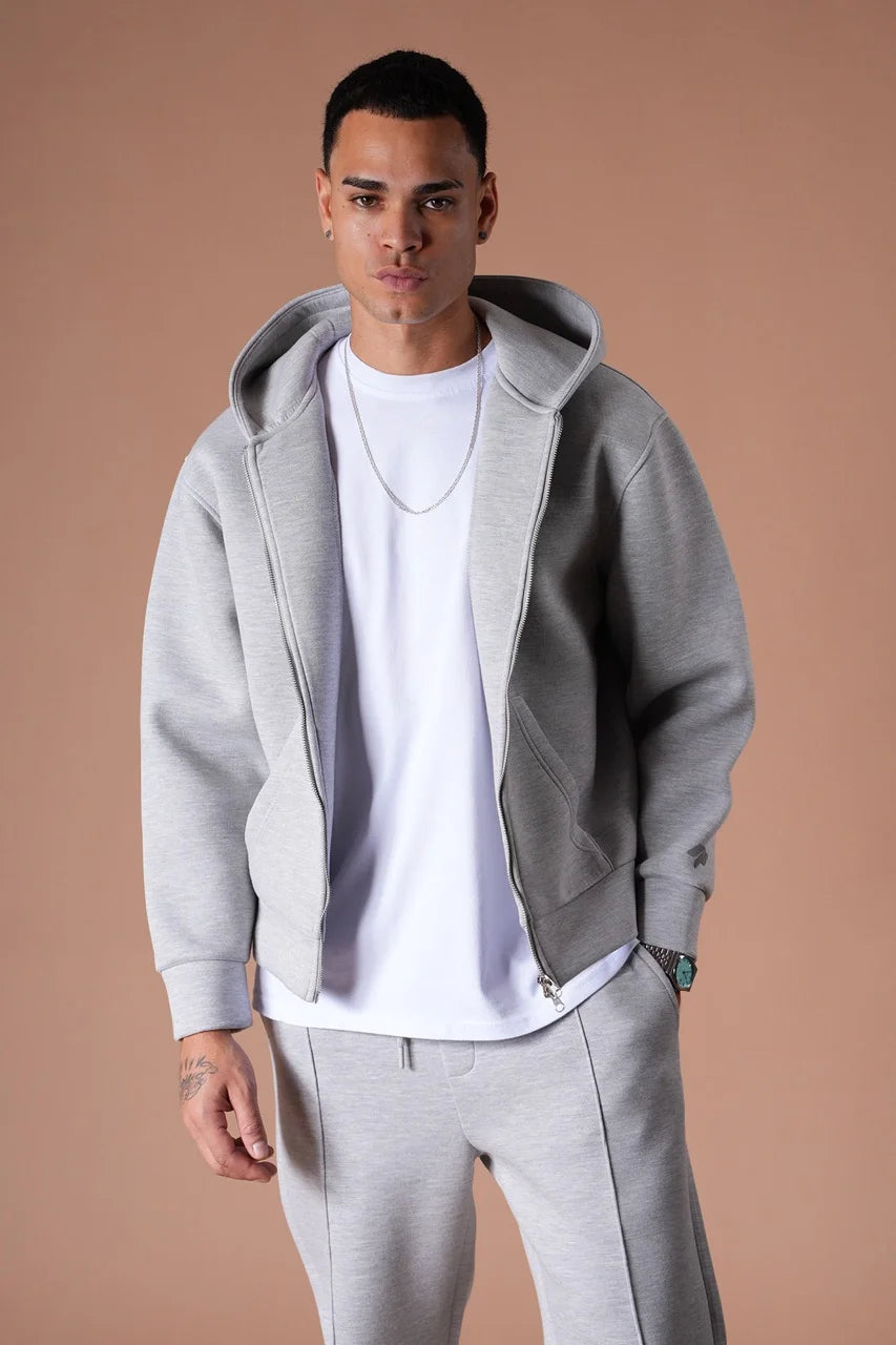 Ensemble basique aspect neoprene de couleur grise pantalon coupe droite et veste | Lyon