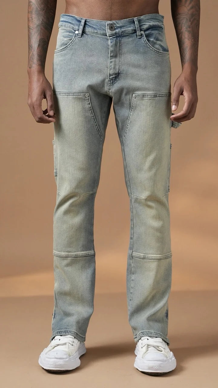 Pantalon Jean double knee évasé (Flare) fermeture éclaire délavé | Lyon