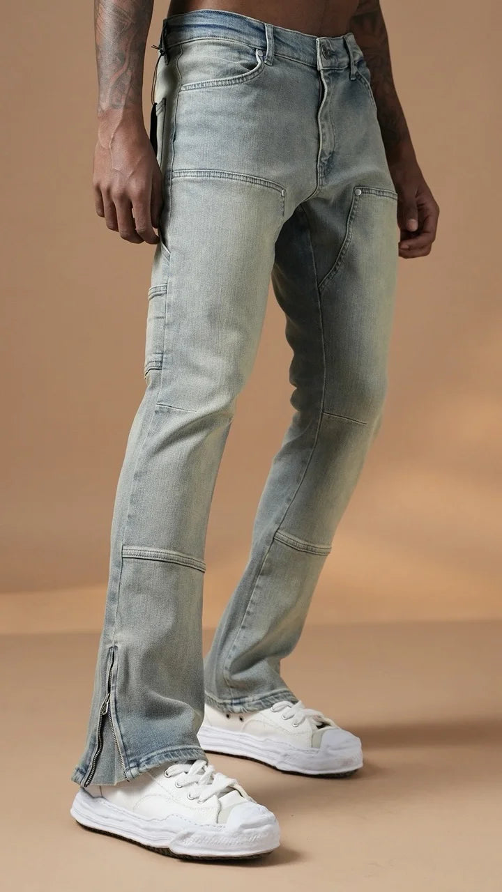 Pantalon Jean double knee évasé (Flare) fermeture éclaire délavé | Lyon