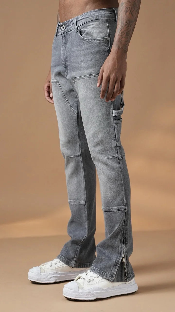 Pantalon Jean double knee évasé (Flare) fermeture éclaire gris | Lyon