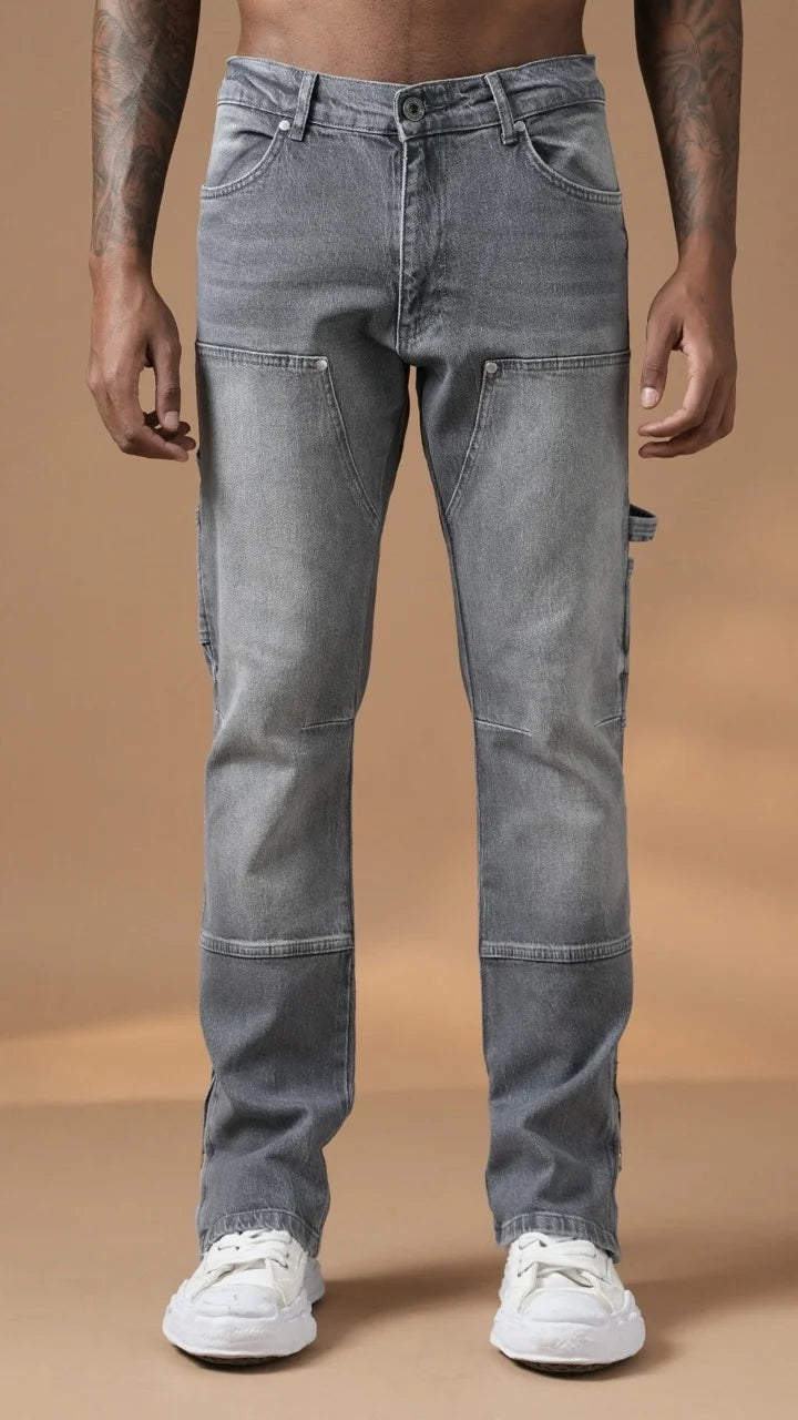 Pantalon Jean double knee évasé (Flare) fermeture éclaire gris | Lyon