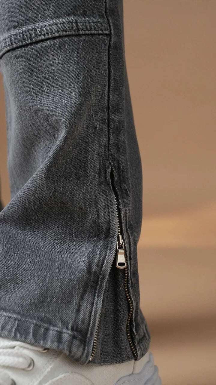 Pantalon Jean double knee évasé (Flare) fermeture éclaire gris | Lyon