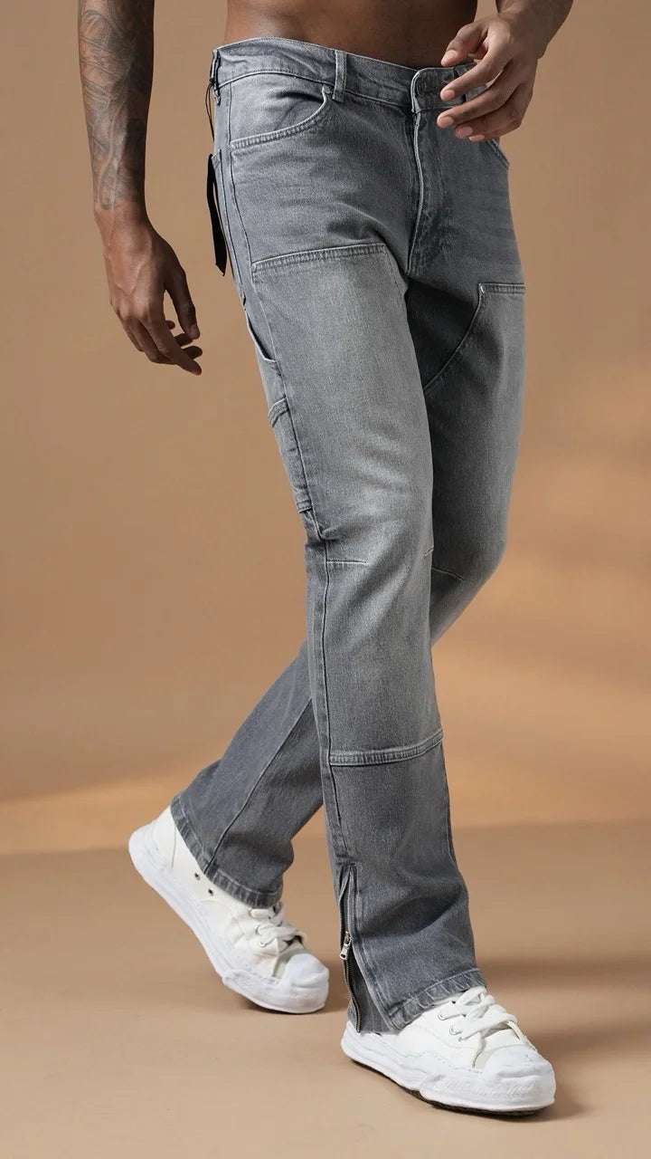 Pantalon Jean double knee évasé (Flare) fermeture éclaire gris | Lyon