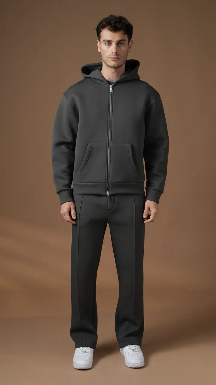 Ensemble basique aspect néoprene de couleur anthracite pantalon coupe droite et veste | Lyon