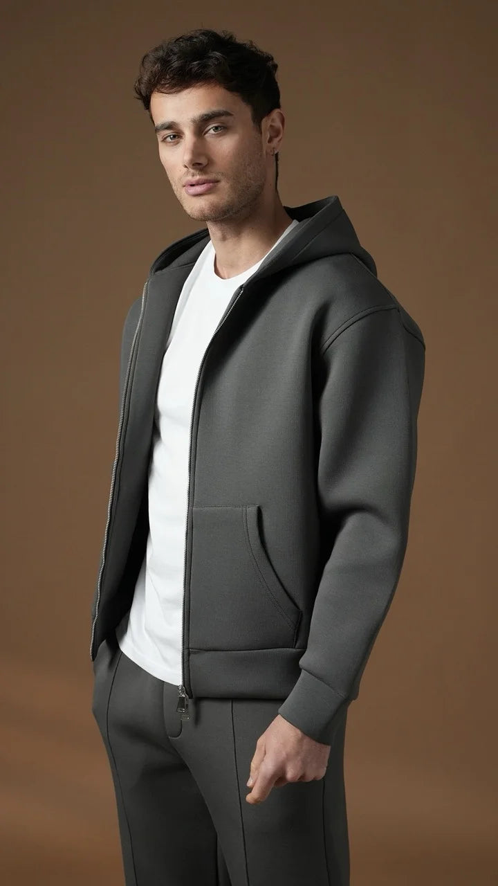 Ensemble basique aspect néoprene de couleur anthracite pantalon coupe droite et veste | Lyon