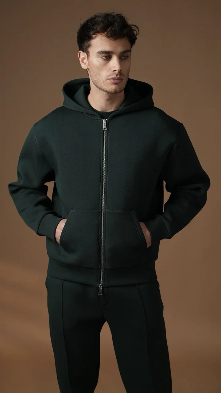 Ensemble basique aspect néoprene de couleur Vert bouteille pantalon coupe droite et veste | Lyon