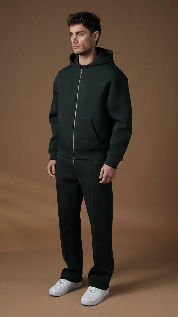 Ensemble basique aspect néoprene de couleur Vert bouteille pantalon coupe droite et veste | Lyon