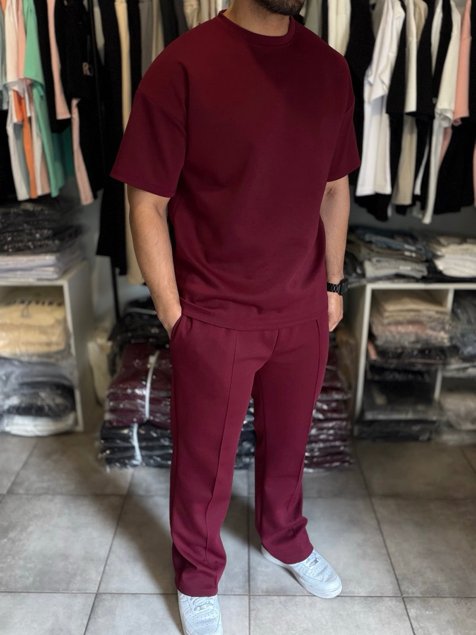 Ensemble oversize t-shirt demi-manche Pantalon coupe droite bordeaux GASHIA | Lyon