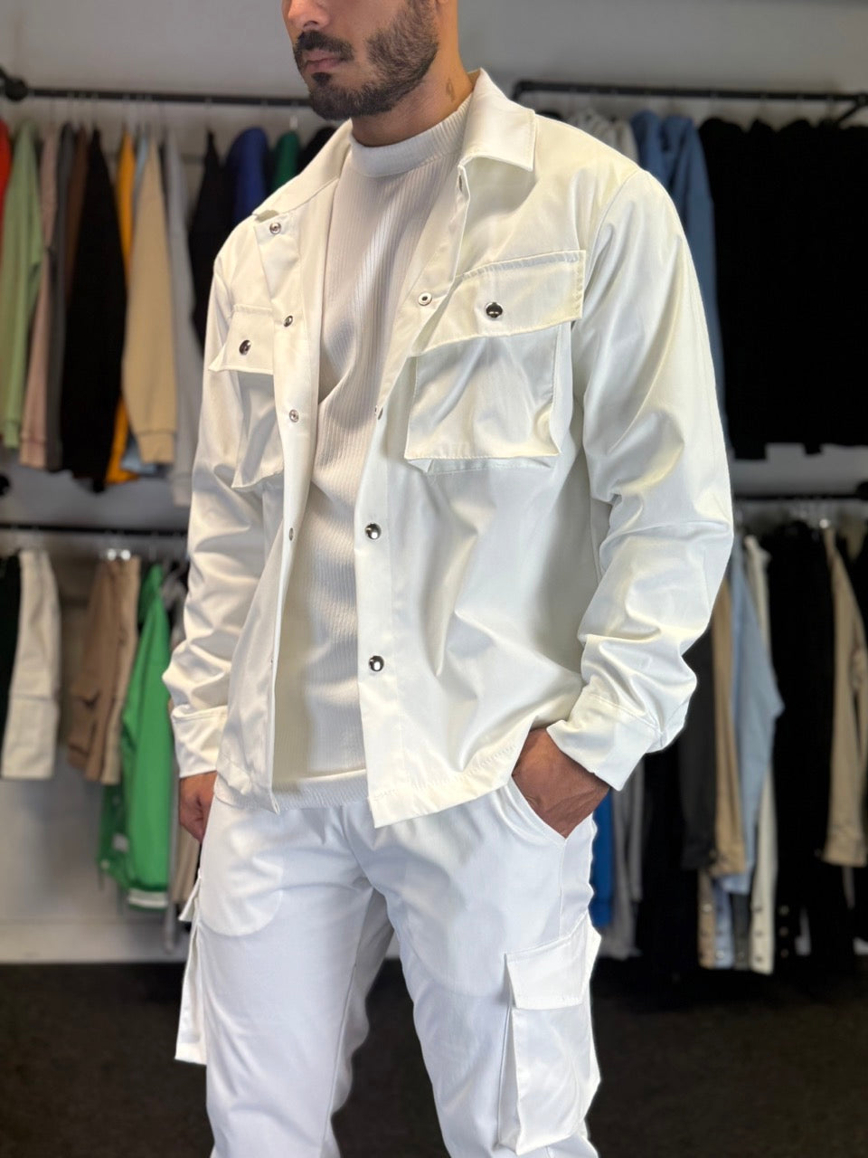 Veste cargo boutonnée blanche simple pour ensemble VESPA