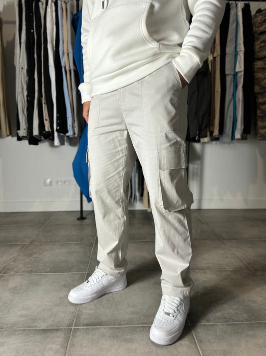Pantalon cargo coupe droite large, léger, élastique (gris)