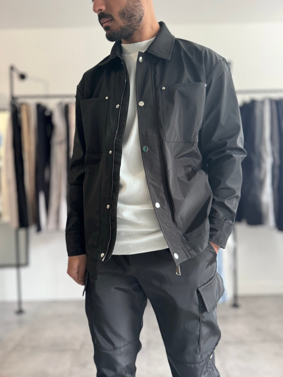 Veste cargo boutonnée éclair noir