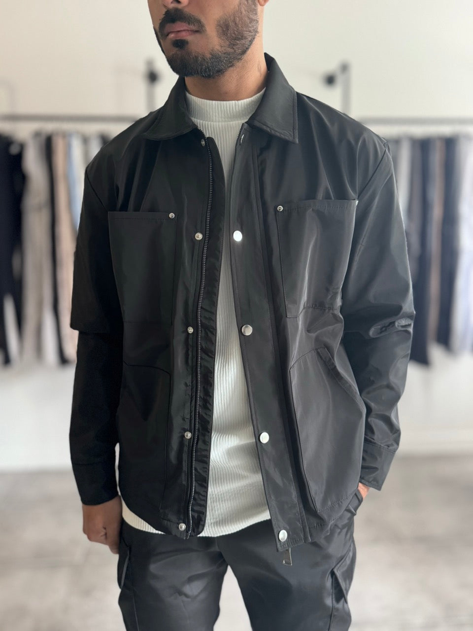 Veste cargo boutonnée éclair noir