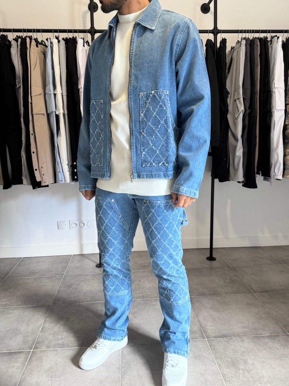 Ensemble jean veste et pantalon fermeture éclair (bleu clair)