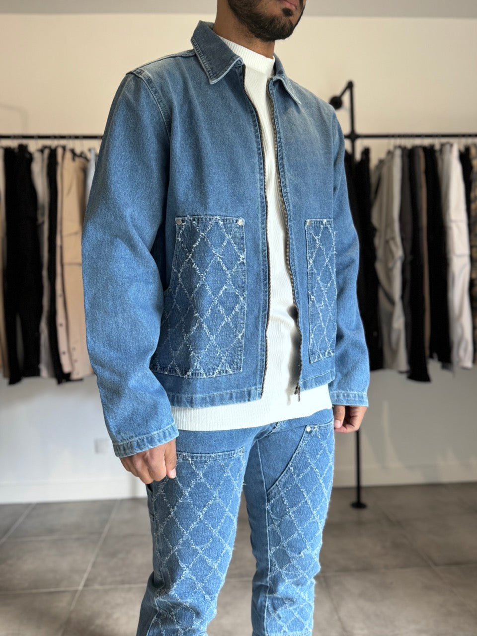 Ensemble jean veste et pantalon fermeture éclair (bleu clair)