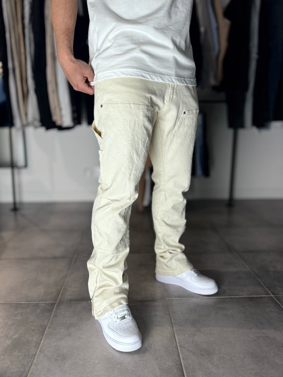 Jean beige double knee losange fermeture éclair