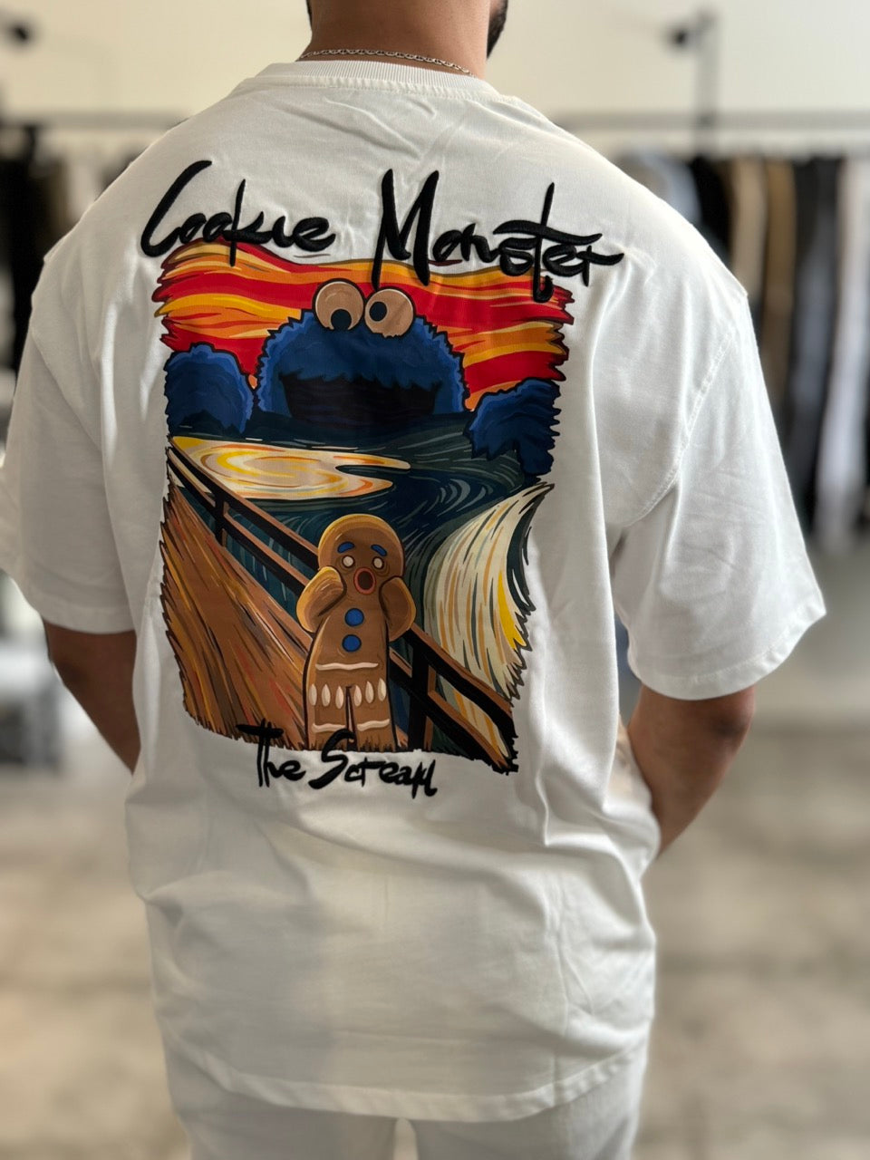 T-shirt large blanc "the scream cookie monster"