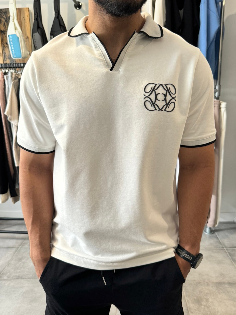 Polo AMA col V Blanc