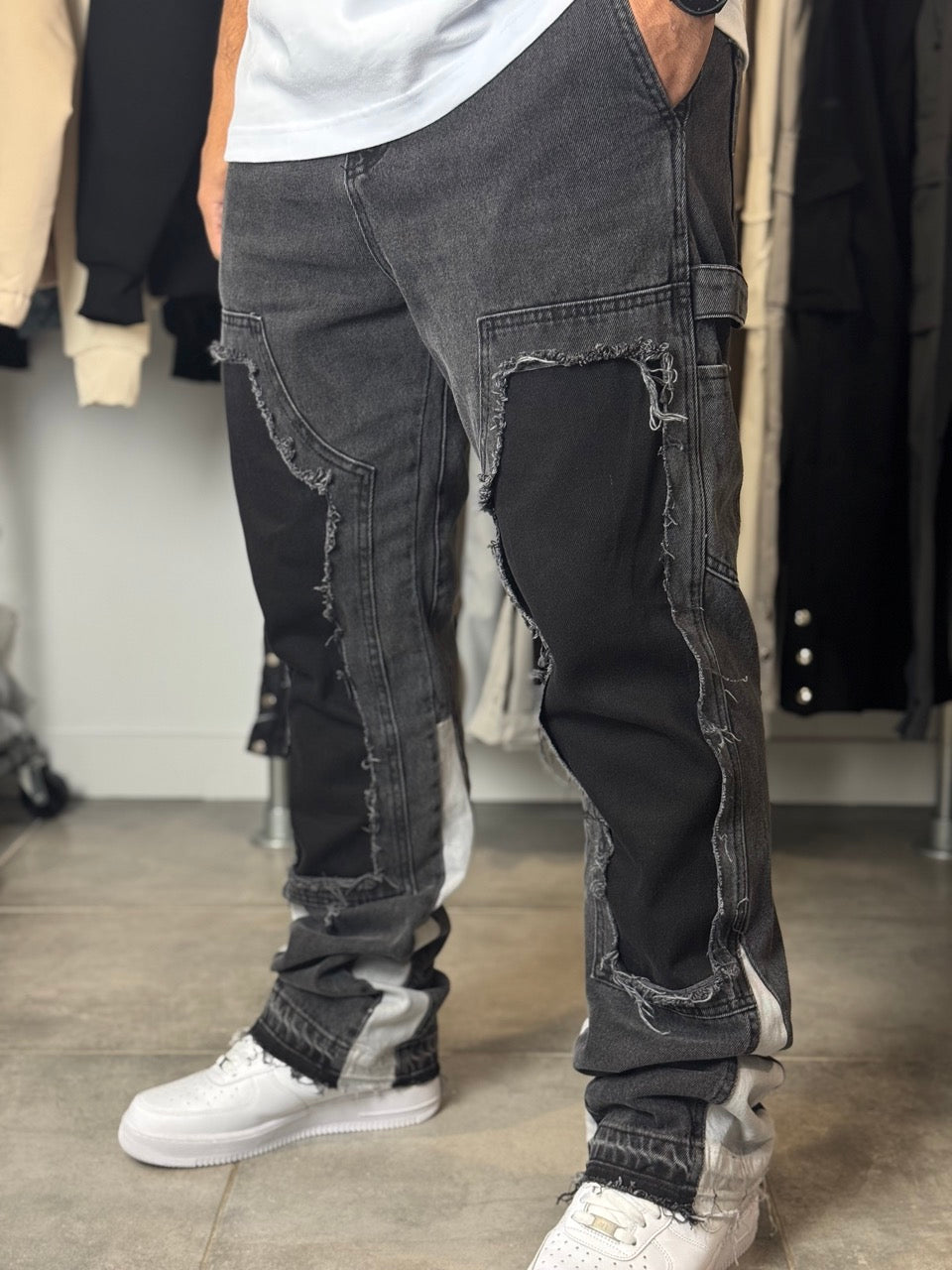 Jean double knee DÉCHIR gris noir ALPHA