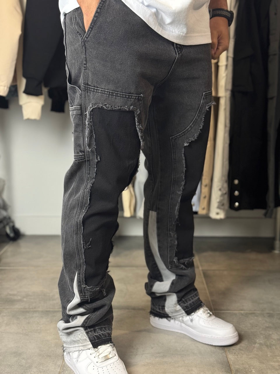 Jean double knee DÉCHIR gris noir ALPHA