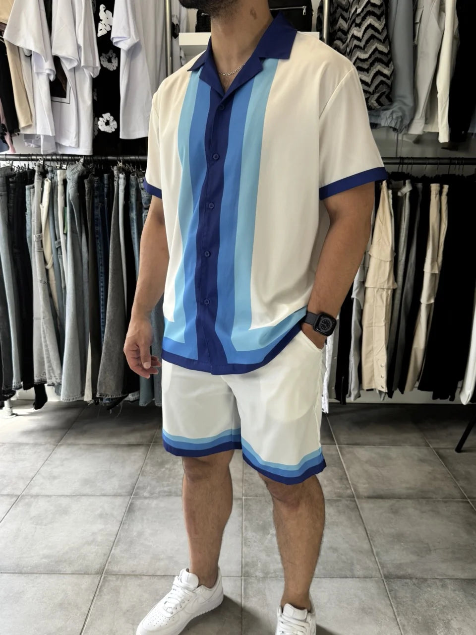 Ensemble chemise short bleu blanc