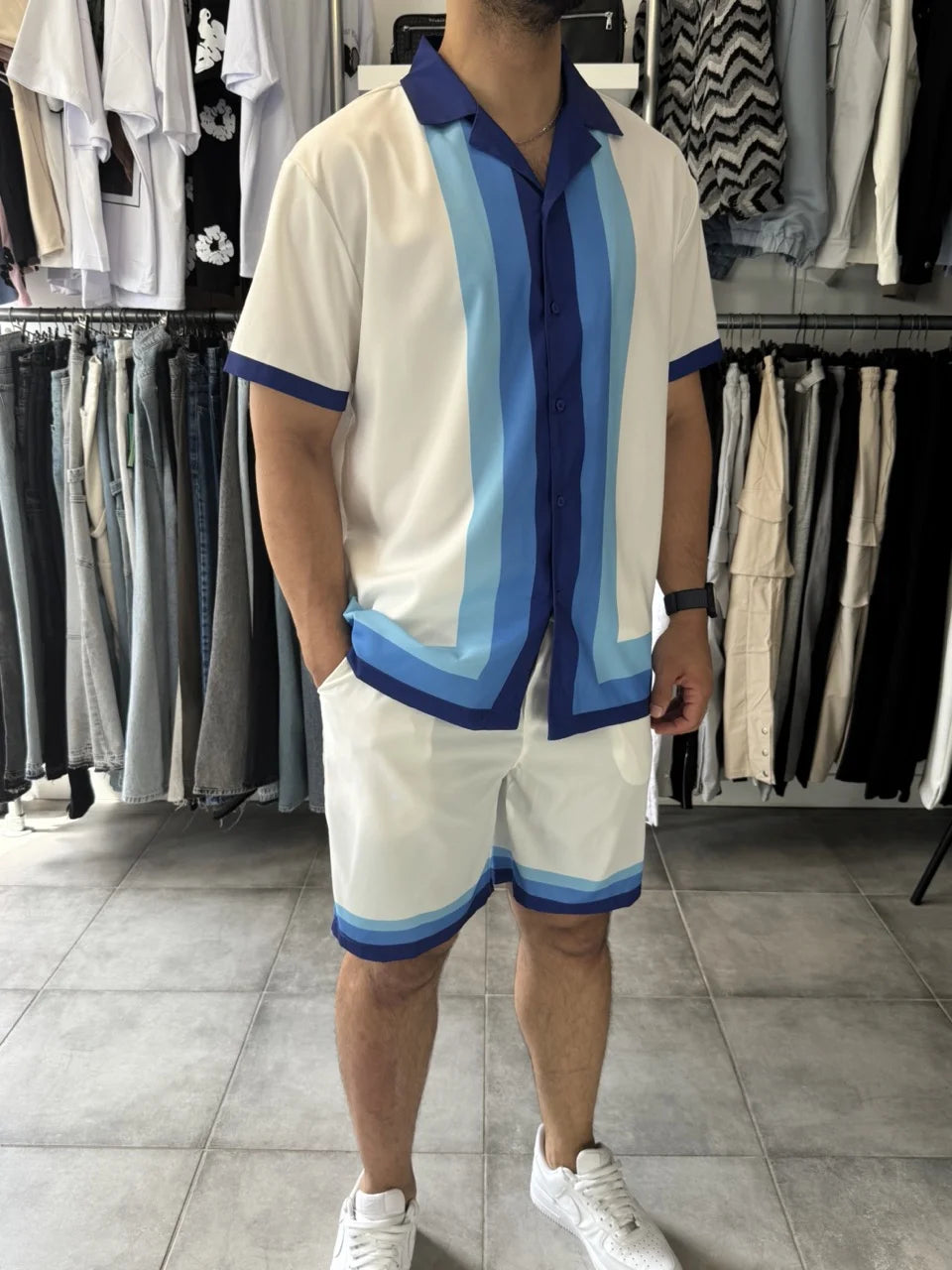 Ensemble chemise short bleu blanc
