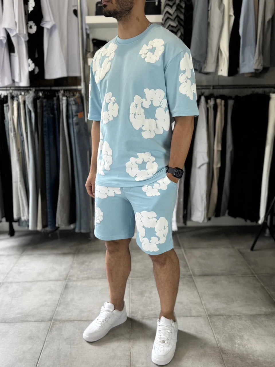Ensemble à fleurs t-shirt short bleu