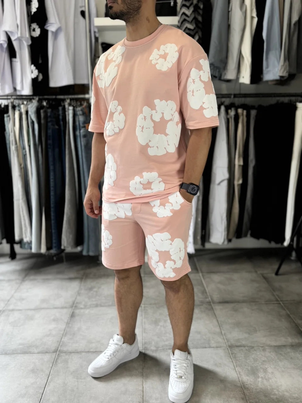 Ensemble à fleurs t-shirt short saumon (rose)