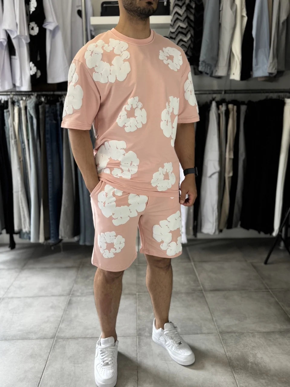 Ensemble à fleurs t-shirt short saumon (rose)