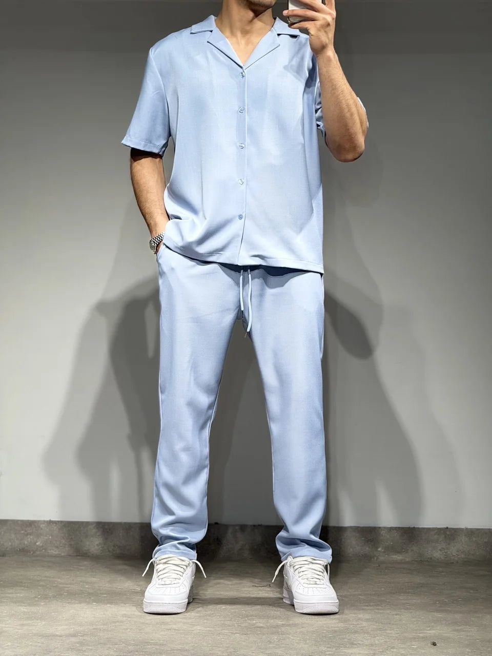 Ensemble classique chemise manches courtes pantalon bleu