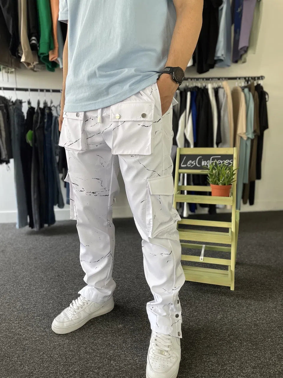 Pantalon cargo blanc marbré boutonné (kl-2141-1)