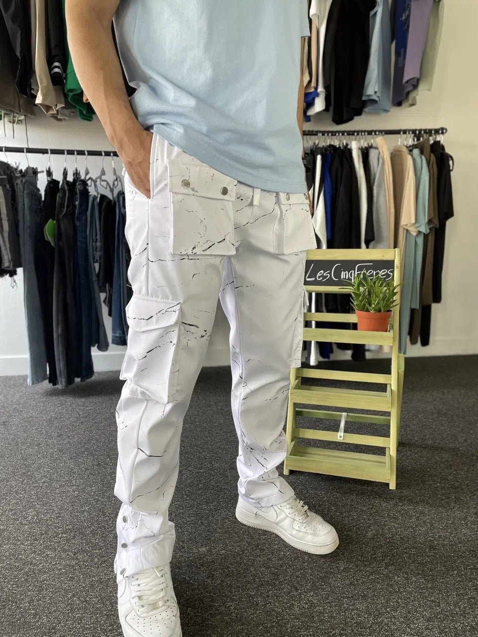 Pantalon cargo blanc marbré boutonné (kl-2141-1)