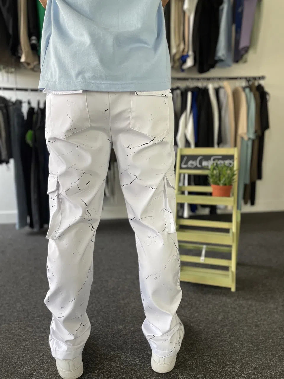 Pantalon cargo blanc marbré boutonné (kl-2141-1)